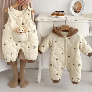 Baby Quilted Romper Thick Winter Warm Fleece Lined Jumpsuit With Bear Star Embroidery Korean Style Infant Bodysuit For Boys Girls