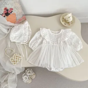 Elegant white lace baby princess dress set with long sleeves, hat and soft shoes
