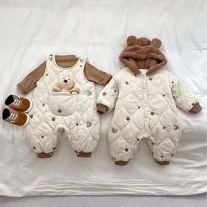 Quilted newborn hooded romper and overalls with bear ear design and star patterns