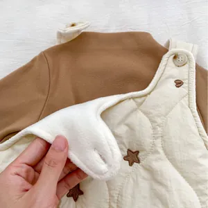 Thickened baby winter jumpsuit set with star quilted overalls and brown long sleeve shirt