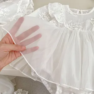 White infant princess mesh dress with floral embroidery and breathable gauze texture