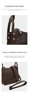 Detail of dark brown lychee grain leather tote with silver rivets and adjustable strap