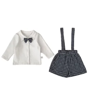 Infant boys' autumn outfit with white bow tie shirt and plaid suspender pants