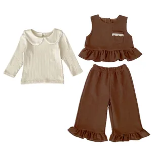 Toddler girl 3-piece knit set with ruffled vest, ribbed long sleeve top and matching pants