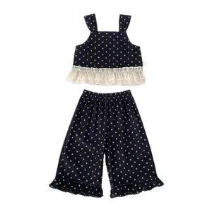 Girls 3-piece navy star print outfit with lace hem vest and long pants set
