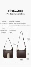 Detailed size specifications for leather shoulder bag with adjustable strap measurements