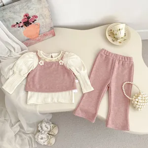 Meisjes 3-delige ribgebreide set met kantkraag shirt en bloemenvest met broek