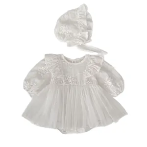 Baby girl white long sleeve floral embroidery tulle princess dress with matching hat set