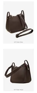 Detail view of coffee brown leather tote bag with pebble texture and side profile at 45 degrees