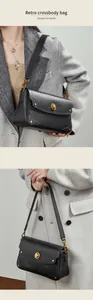 Détails d'un sac bandoulière vintage en cuir noir avec ferrures dorées et rivets décoratifs