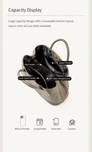 Vista de los compartimentos interiores de bolso de cuero para móvil y artículos básicos