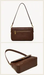Vues arrière et de dessous du sac d'épaule en cuir marron avec fermeture éclair dorée vintage