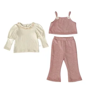 3-delige set voor peutermeisjes met kanten kraagtop en uitlopende broek in roze-paars