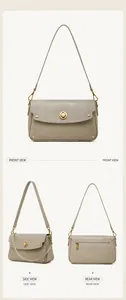 Vues détaillées du sac messager en cuir gris avec boucles dorées et poche zippée