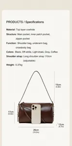 Spécifications de taille pour un grand sac polochon en cuir marron avec échelle de téléphone