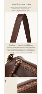 Détails de la large bandoulière et du zip doré sur le sac en cuir marron