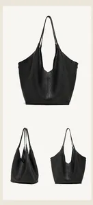 Dreiseitenansicht der großen schwarzen Leder-Tote-Bag mit Narbenleder und V-Öffnung