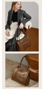 Detailweergave van de vintage leren tote bags in karamel en donkerbruin in minimale stijl