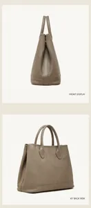 Detalle del bolso tote de cuero topo con vistas lateral y trasera de 45 grados