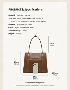 Gedetailleerde maattabel voor bruine leren tas met smartphone-groottevergelijking