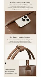 Detail van donkerbruine leren tote met voorvak, metalen hardware en duurzame stiksels