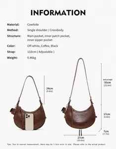 Detailed size chart and brown crocodile embossed leather crescent bag with dimensions