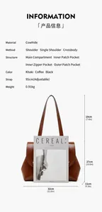 Detailed size and structure diagram of a brown genuine leather shoulder bag with dimensions