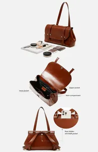 Detailed view of brown oil wax leather backpack interior pockets and capacity layout
