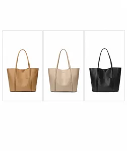 Three premium leather tote bags in khaki, milk tea, and black with shiny hardware detail