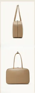 Detailed front and side views of a minimalist beige leather bowling bag for women