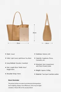 Macro detail of spacious split leather tote bag with iPad for size reference