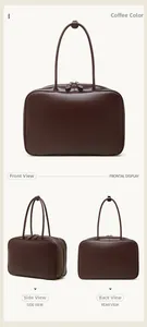 Detailed views of a dark coffee leather bowling bag with a sleek matte finish
