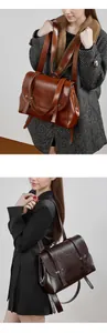 Detail of oil wax leather backpacks in caramel brown and coffee colors with flap design