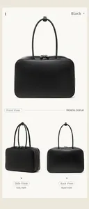 Three-angle views of large black leather bowling bag showing front side and back details