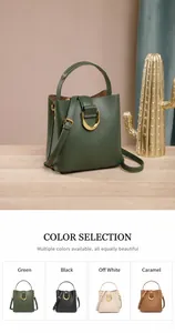 Détails du sac seau en cuir avec boucles dorées en D et les quatre variantes de couleurs