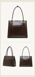 Detailweergaven van de voor-, zij- en achterkant van deze lichtbruine leren tote bag