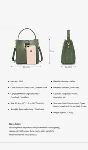 Détails du sac seau en cuir vert olive avec vue latérale et bandoulière amovible
