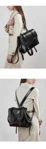 Dual views showing the side and back of a vintage black waxed leather backpack for women