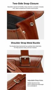 Detail of oil wax leather bag featuring adjustable metal buckles and silver hardware