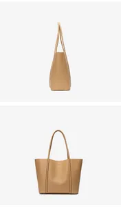 Detailed views of a beige leather tote bag with fine litchi grain and slender shoulder straps