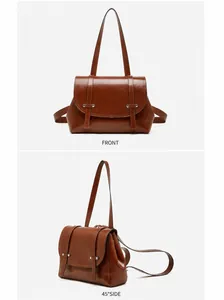 Front and side views of a vintage brown oil-wax leather shoulder bag with buckle details