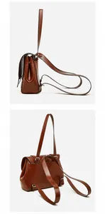 Side and 45-degree back views of a vintage brown leather backpack with adjustable straps