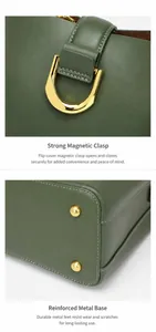 Détail du sac seau vert avec fermoir magnétique doré et pieds de protection en métal
