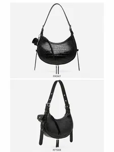 Front and side views of a black crocodile-embossed leather hobo bag with mini pouch
