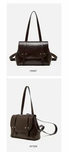 Front and side view of coffee oil-wax leather shoulder bag with buckle details
