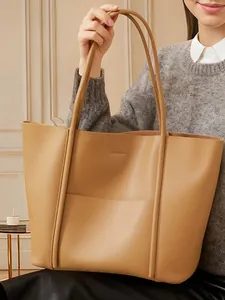 Women's Genuine Cowhide Leather Tote Bag Large Capacity Minimalist Commuter Shoulder Bag Handbag With External Pocket