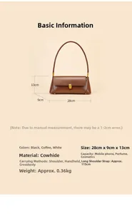 Detailed size specifications for a brown genuine leather baguette bag with metal clasp