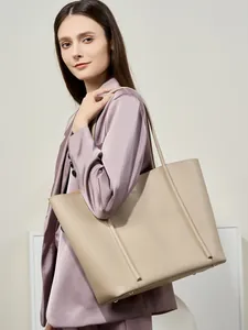 Large beige genuine leather tote bag for women commuting with minimalist style