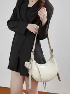 Genuine Leather Crocodile Embossed Crescent Shoulder Bag For Women Vintage Half Moon Underarm Bag With Mini Pouch Charm