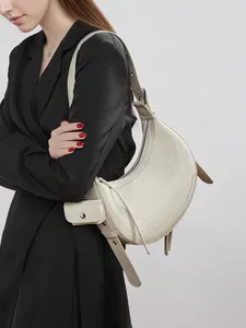 Chic beige crocodile pattern crescent shoulder bag with small pouch for women